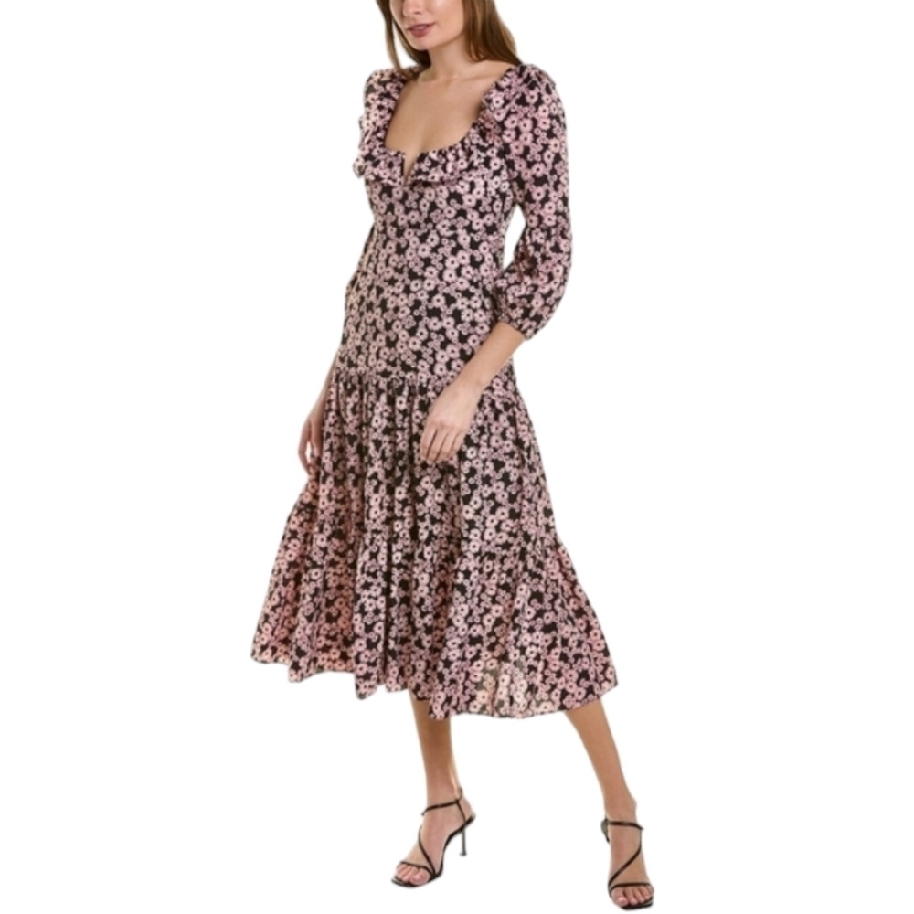 Likely black pink Bella Floral Print Midi Dress Prarie croquet Cottagecore Bridg - Picture 2 of 16